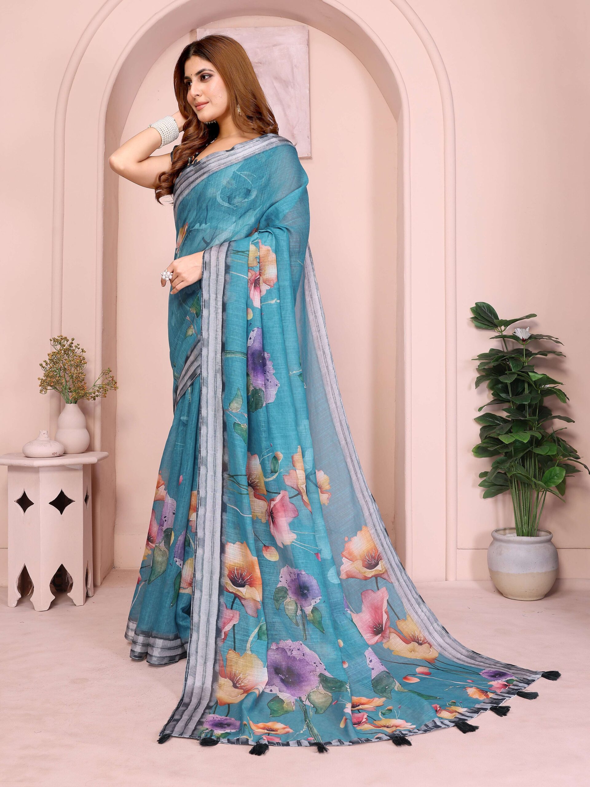 Teal Linen Cotton Saree with Vibrant Multicolor Floral Prints & Tassel Pallu - Image 4