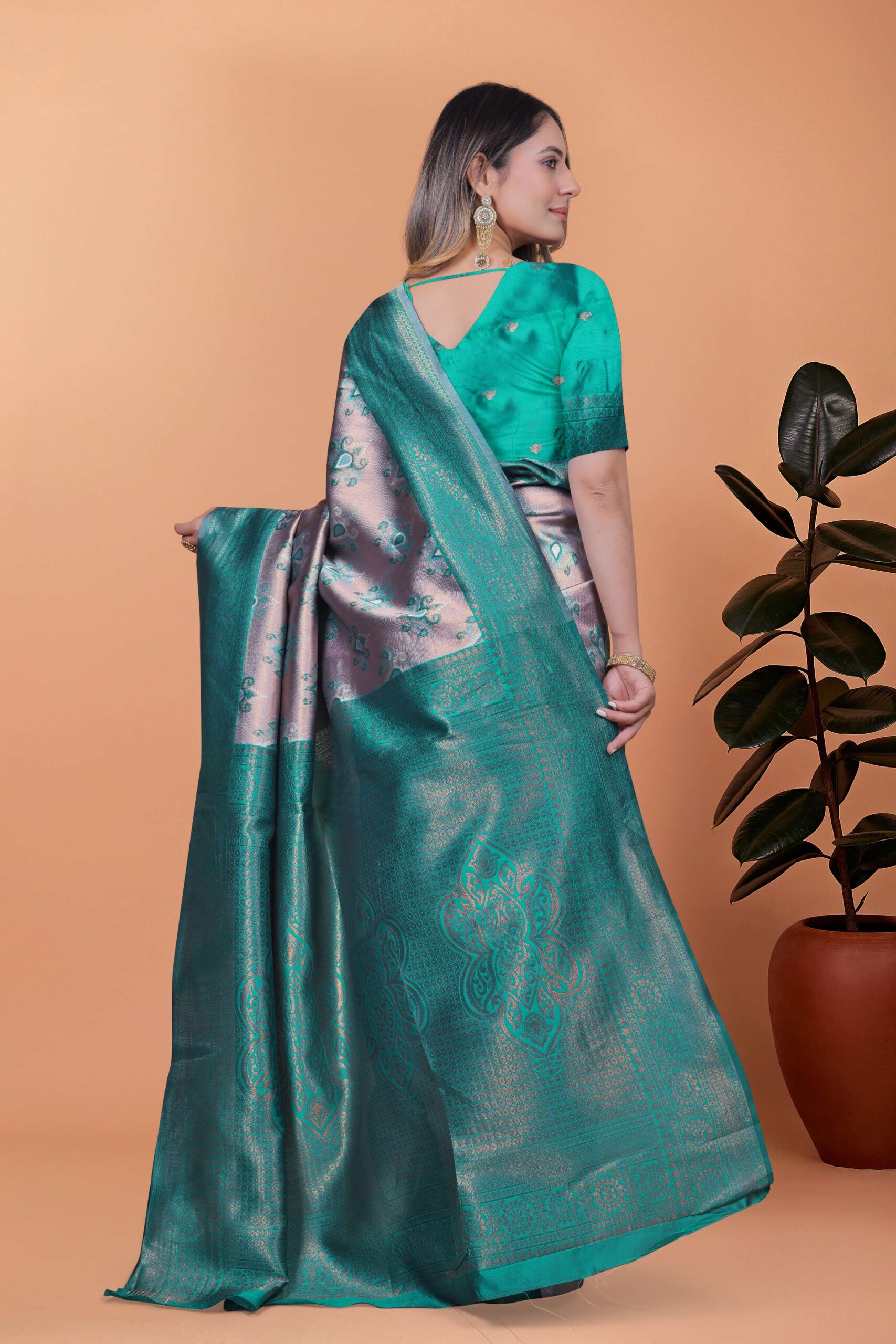 Mint Royale Banarasi Silk Saree in Silvery Grey & Mint Green with Floral Zari Work | Wedding, Day Functions & Festive Wear - Image 4