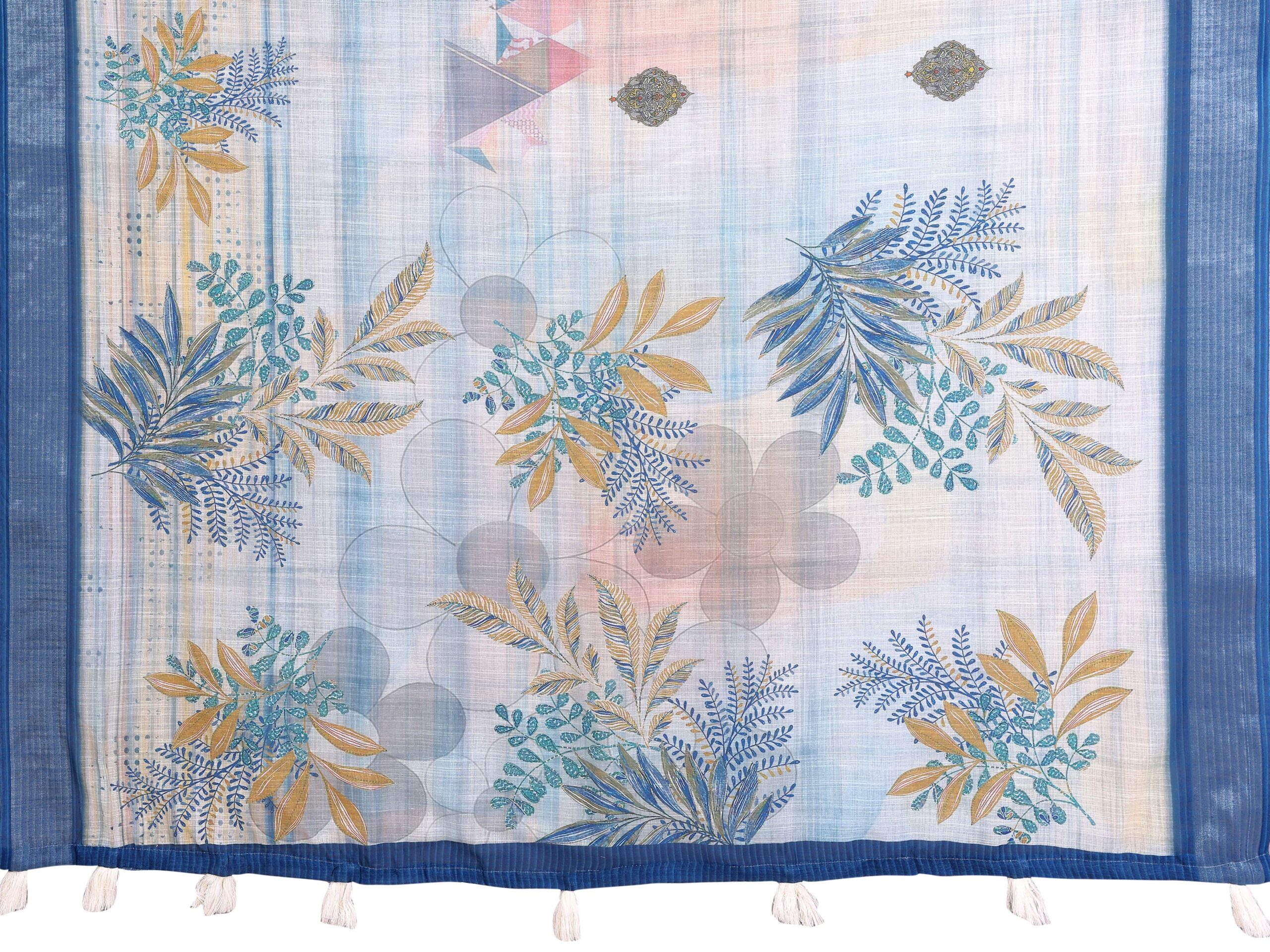 Pastel Blue Linen Cotton Saree with Tropical Leaf Prints & Tassel Pallu - Image 5